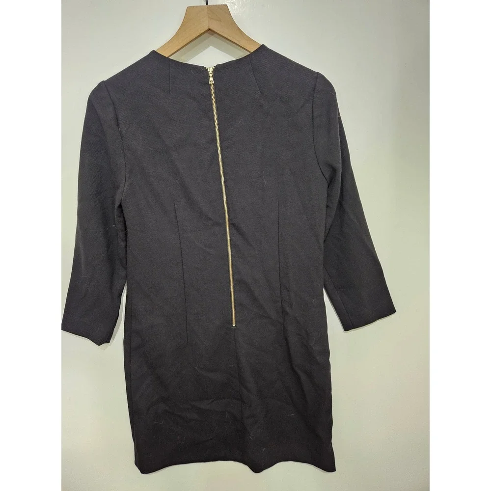 J.Crew Black Tulip Wrap Front Shift Dress Gold Back Zip 3/4 Sleeve Size 4